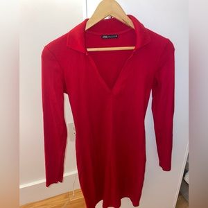 Zara - Red Collar Long Sleeve Dress